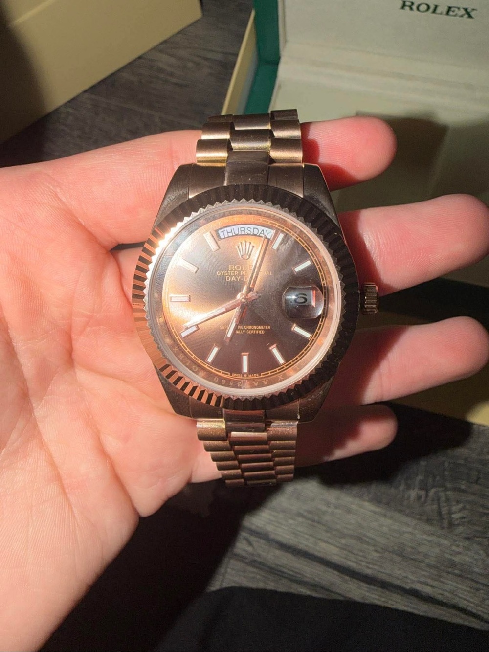 Rolex Rose Gold Tone Watch with Brown Dial and Fluted Bezel
